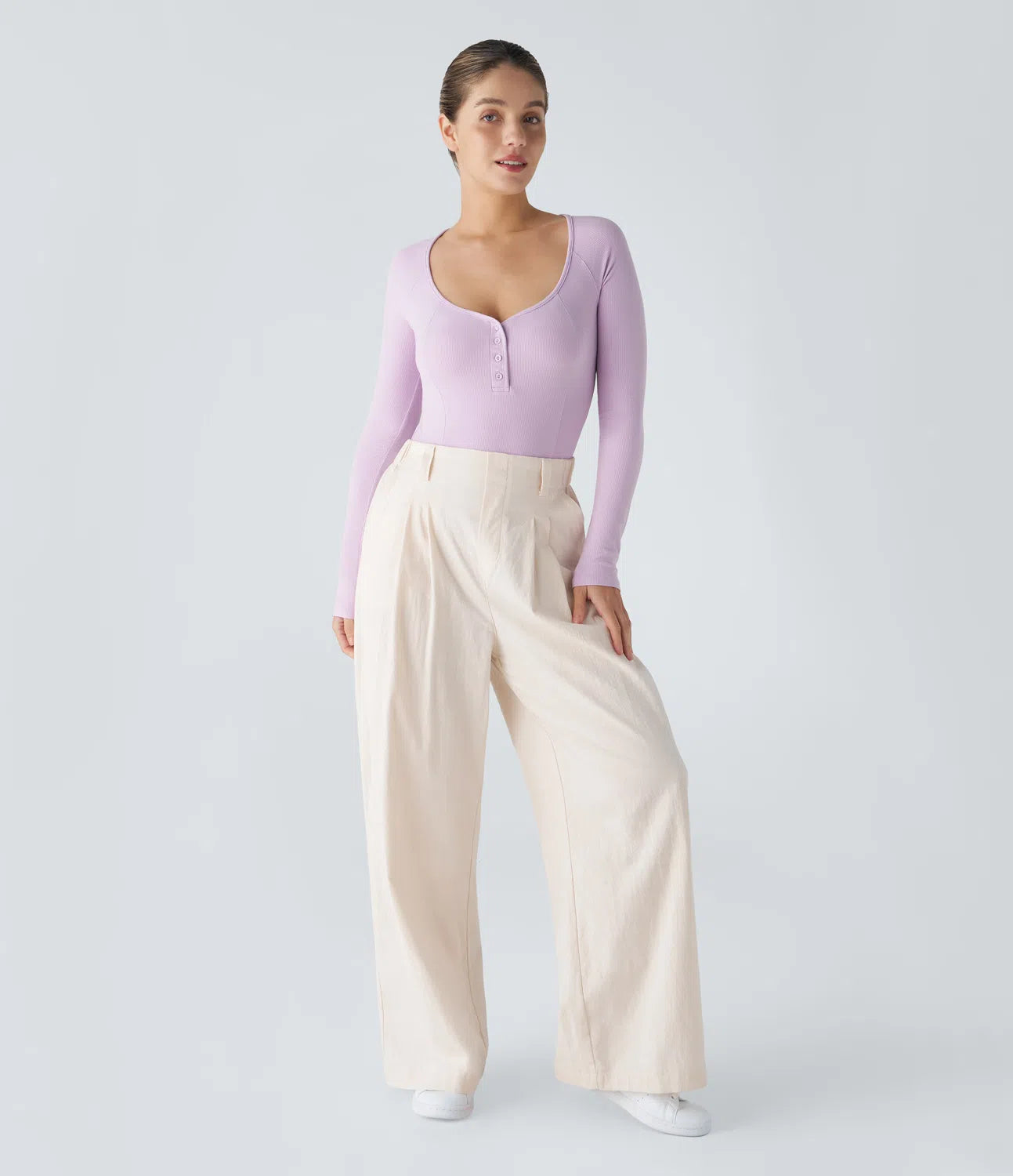 Casual Ribbed Knit Bodysuit with Henley Neckline, Buttons and Long Sleeves