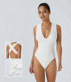 V-neck backless bodysuit with crossed straps