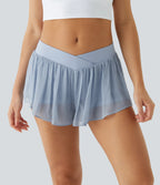 2-in-1 Low Rise Crisscross Transparent Yoga Shorts with Side Pockets