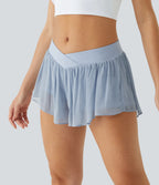 2-in-1 Low Rise Crisscross Transparent Yoga Shorts with Side Pockets