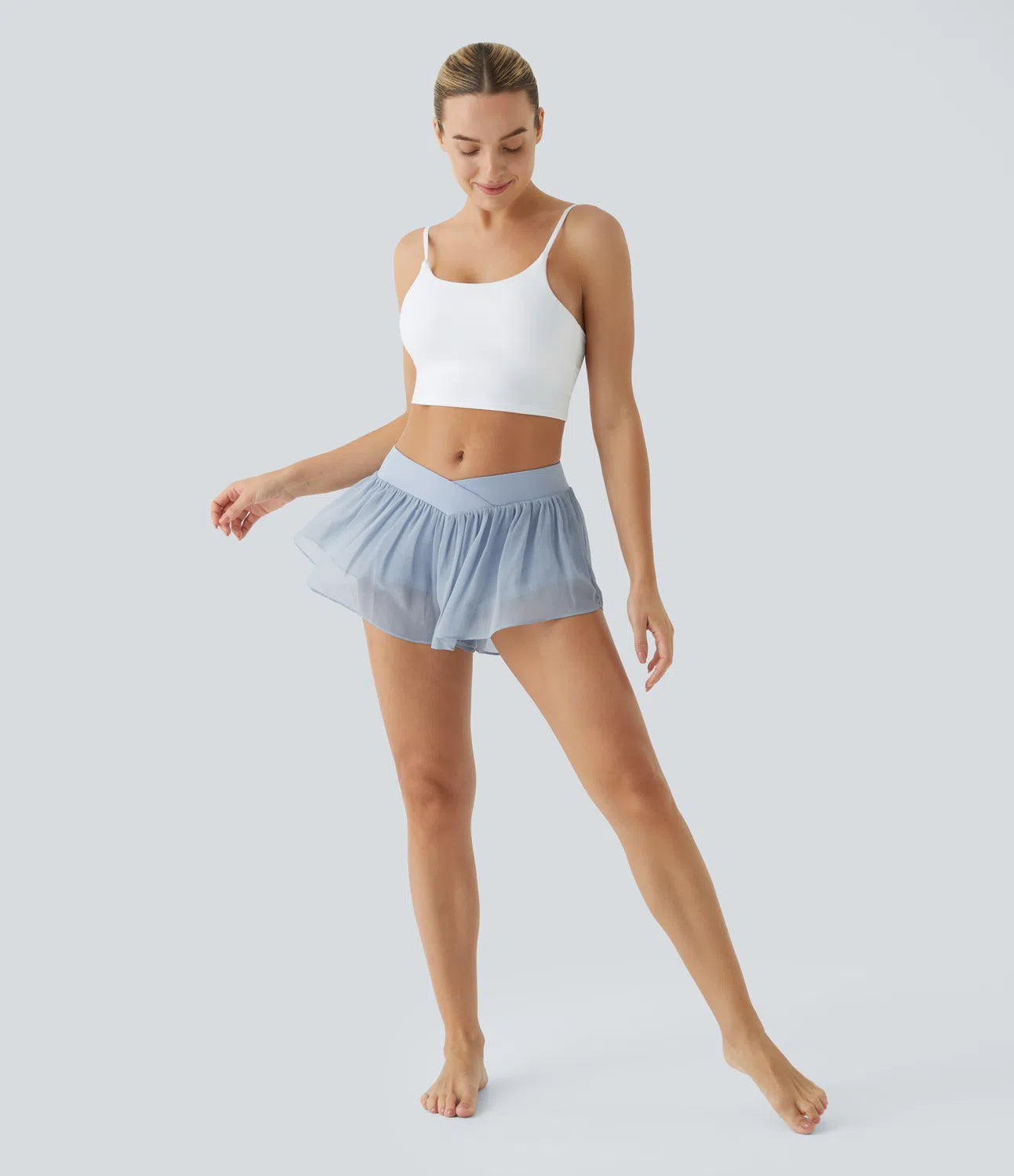 2-in-1 Low Rise Crisscross Transparent Yoga Shorts with Side Pockets
