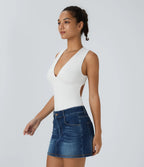 V-neck backless bodysuit with crossed straps