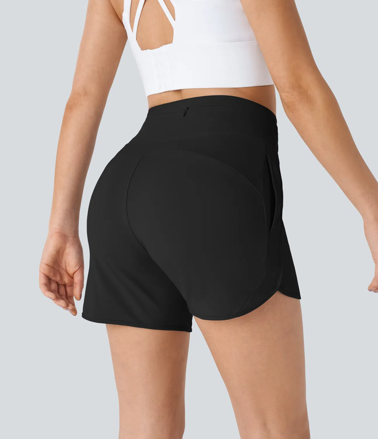 High Waisted Yoga Shorts with Drawstring Multiple Pockets and Curved Hem