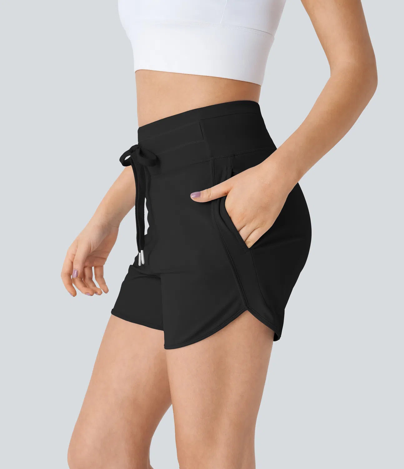 High Waisted Yoga Shorts with Drawstring Multiple Pockets and Curved Hem