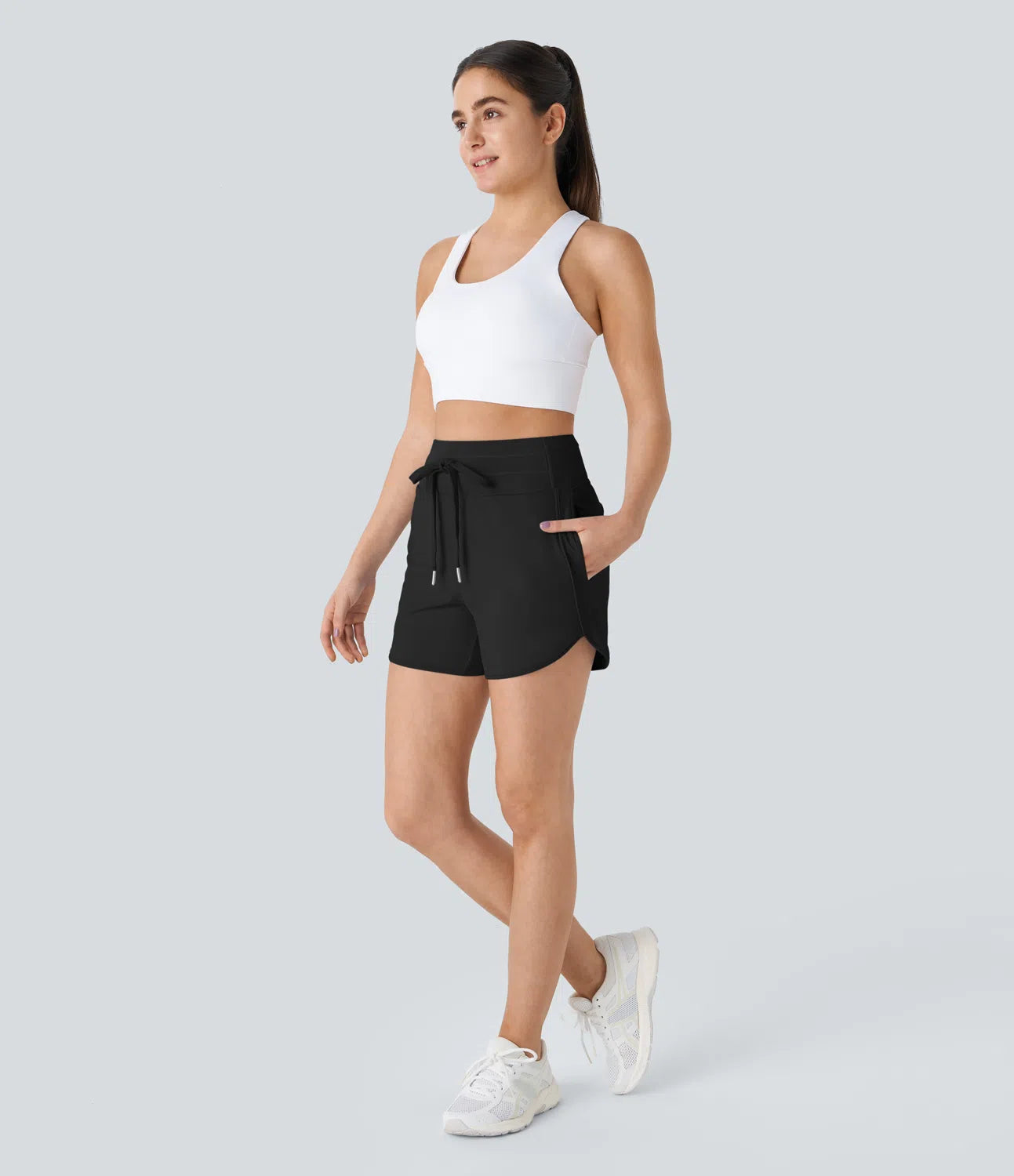 High Waisted Yoga Shorts with Drawstring Multiple Pockets and Curved Hem