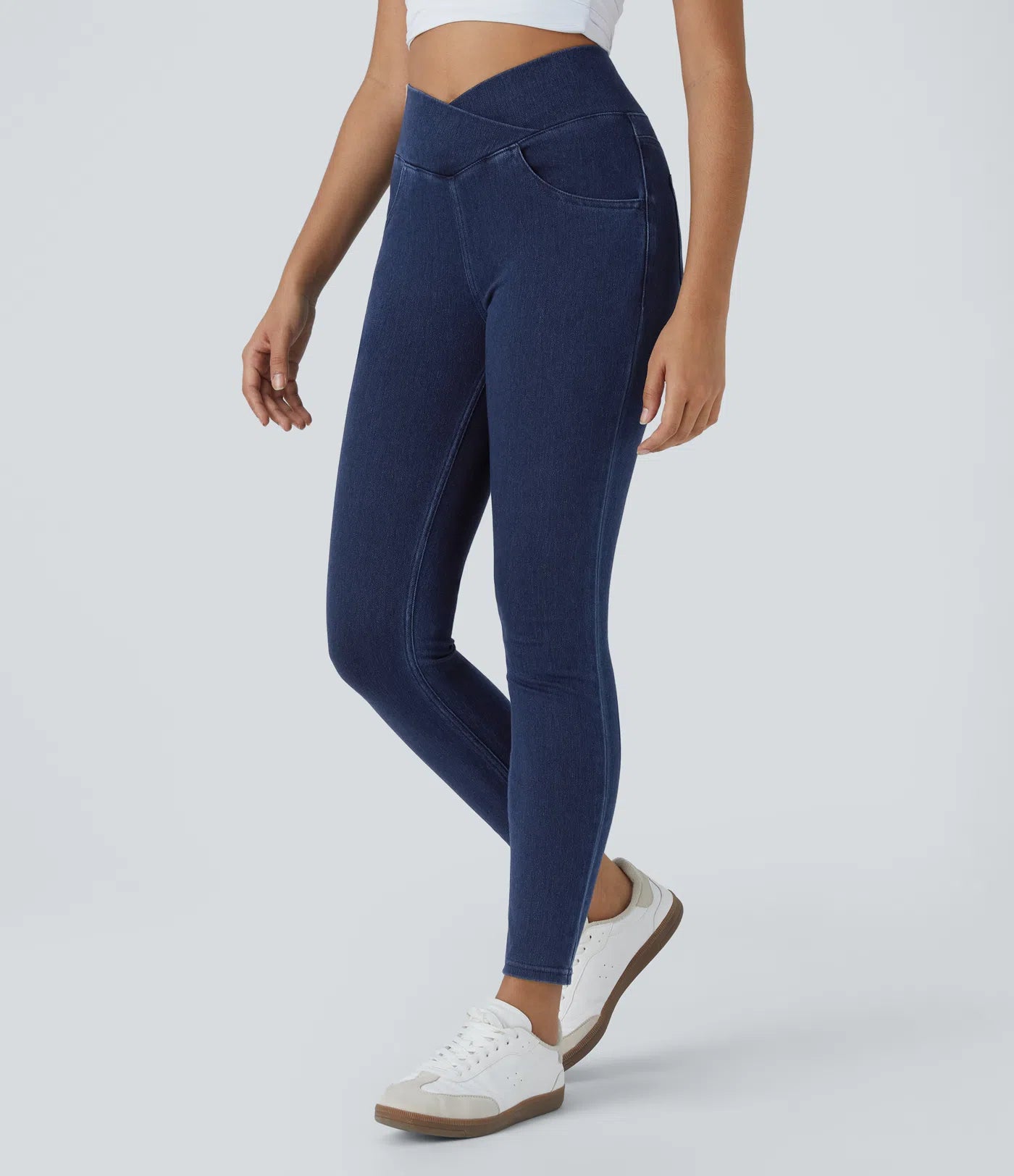 High Waisted Criss Cross Work Leggings Multiple Pockets Stretch Knit Denim