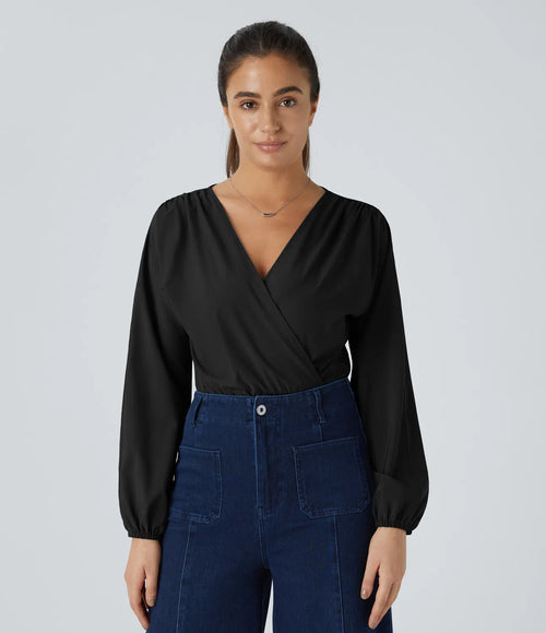 Breezeful™ Quick Dry Bodysuit with V-Neckline, Pleated Flared Sleeves and Snap Closures