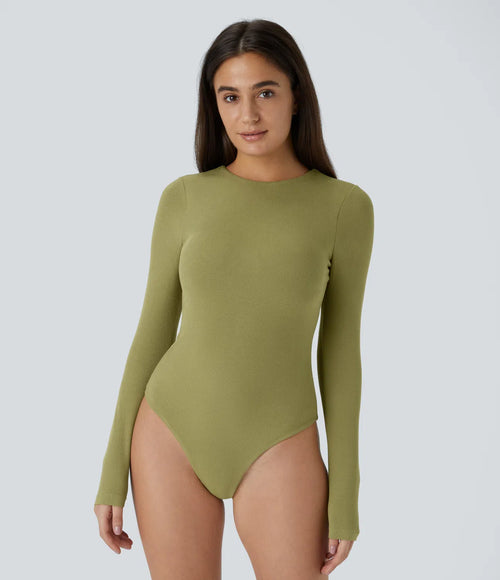 Casual ribbed knit bodysuit with crisscross lacing and long sleeves