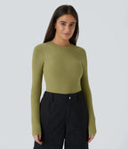 Casual ribbed knit bodysuit with crisscross lacing and long sleeves