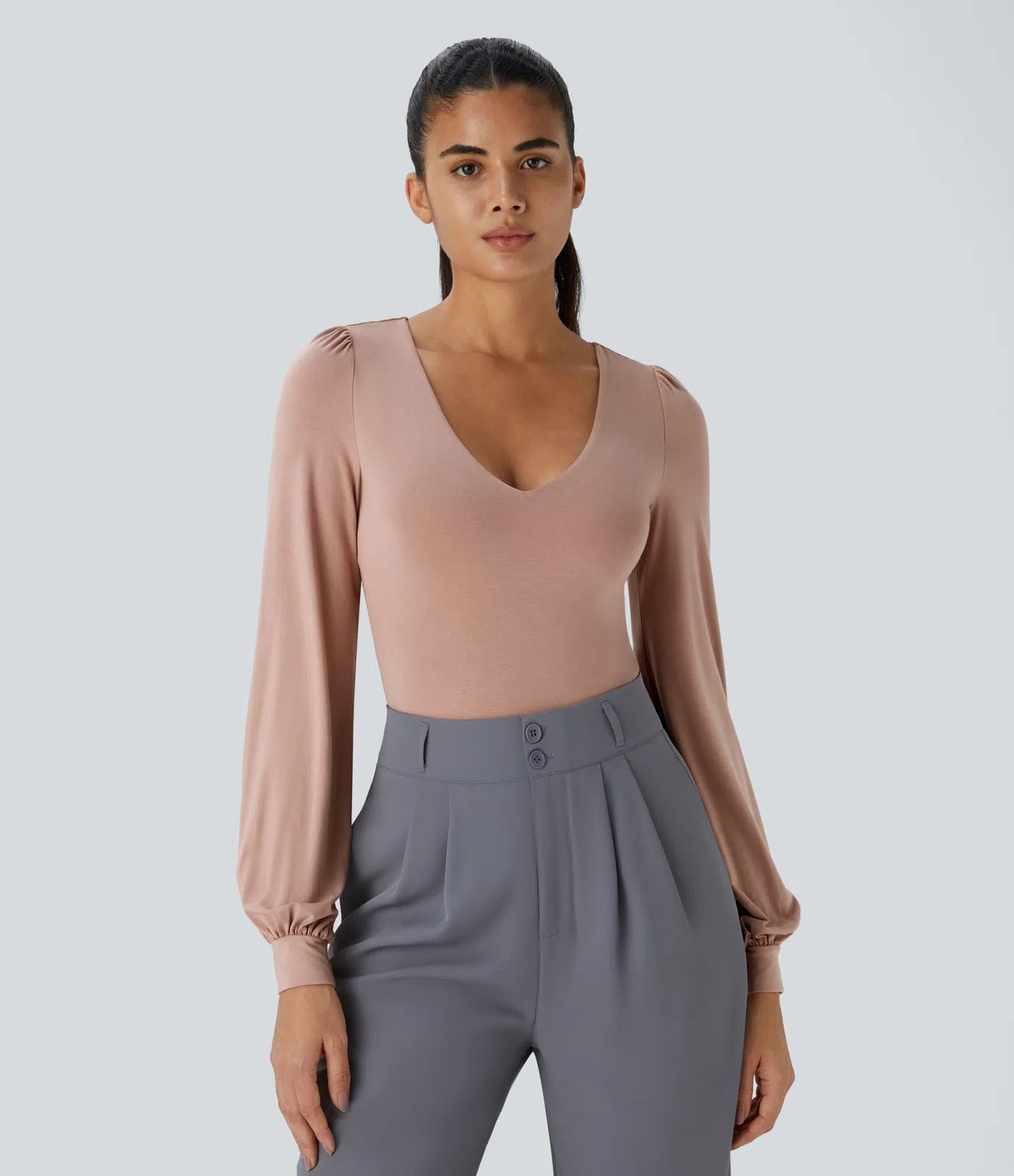 Body Work Button V-Neck Long Sleeves