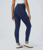 High Waisted Criss Cross Work Leggings Multiple Pockets Stretch Knit Denim