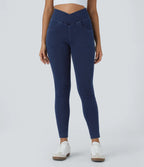 High Waisted Criss Cross Work Leggings Multiple Pockets Stretch Knit Denim