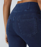 High Waisted Criss Cross Work Leggings Multiple Pockets Stretch Knit Denim